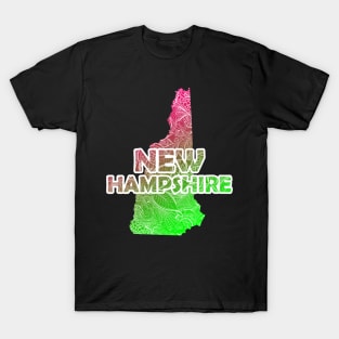 Colorful mandala art map of New Hampshire with text in pink and green T-Shirt